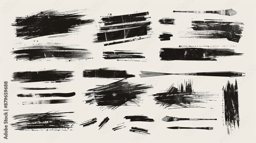 A collection of abstract black brush strokes in varying patterns and sizes, showcasing dynamic and expressive artistic elements on a plain background. A collection of abstract black brush strokes in varying patterns and sizes, showcasing dynamic and expressive artistic elements on a plain background.