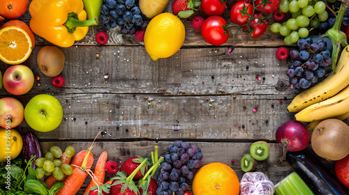 Fototapeta Naklejka Na Ścianę i Meble -  A colorful array of fresh fruits and vegetables arranged on a rustic wooden table