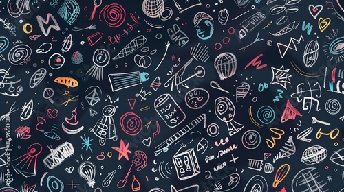 A vibrant blackboard filled with colorful abstract doodles and sketches, creating an energetic and playful composition with various elements to capture the imagination. photo