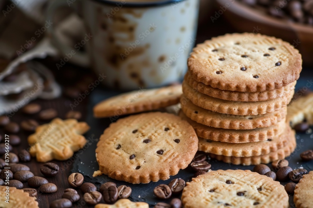 Round biscuits with chocolate chips stacked on a slate plate with coffee beans scattered around and a cup of coffee in the background Round biscuits with chocolate chips stacked on a slate plate with coffee beans scattered around and a cup of coffee in the background