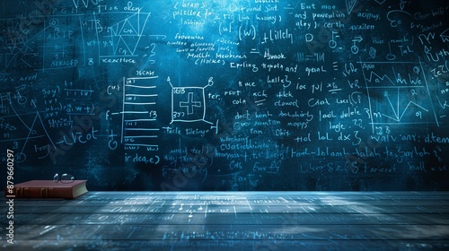 A blackboard illuminated with a blue light, covered in scientific equations and formulas, representing the fusion of artistic visual and intellectual scientific pursuits. photo