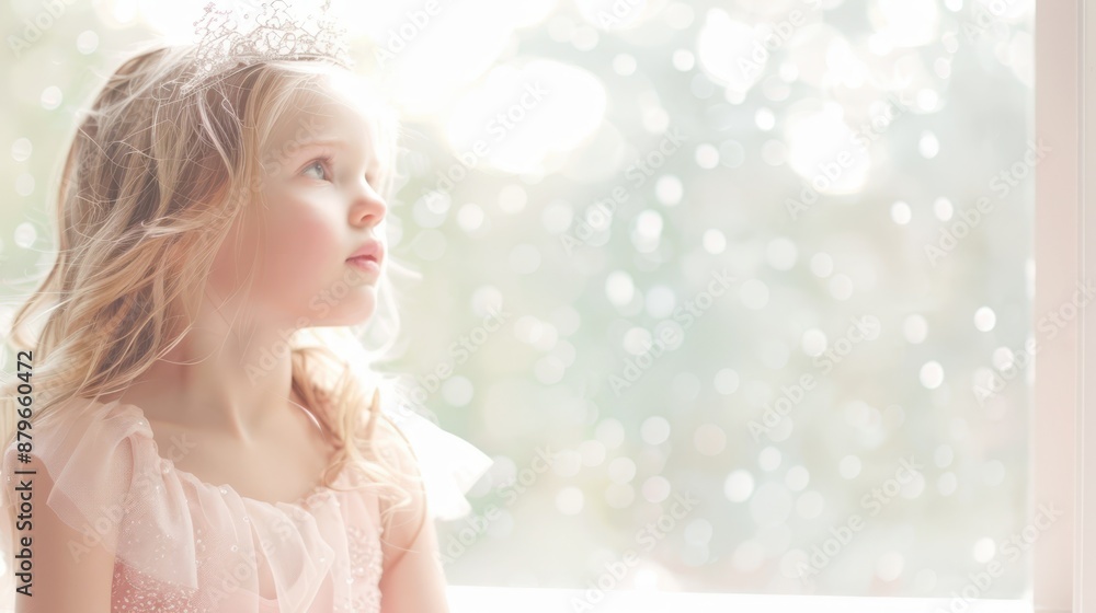 A young girl with a dreamy expression, wearing a delicate tiara and soft pink dress, looks out a window with soft, bright bokeh in the background. Concept: innocence and wonder. A young girl with a dreamy expression, wearing a delicate tiara and soft pink dress, looks out a window with soft, bright bokeh in the background. Concept: innocence and wonder.