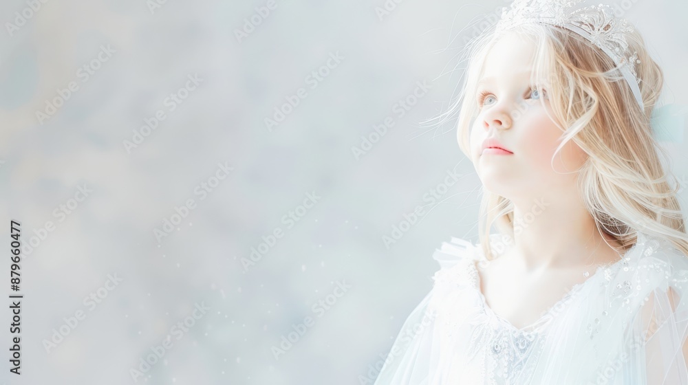 Young girl in a white dress with a tiara, looking up thoughtfully against a soft, light background, exuding innocence and wonder. Young girl in a white dress with a tiara, looking up thoughtfully against a soft, light background, exuding innocence and wonder.