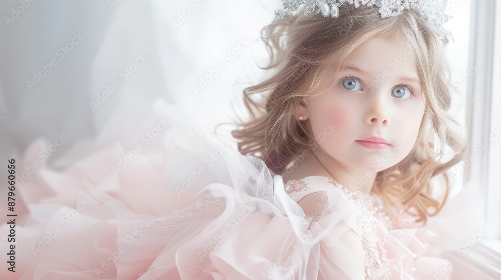 A young girl with a dreamy expression, wearing a delicate tiara and soft pink dress, looks out a window with soft, bright bokeh in the background. Concept: innocence and wonder. A young girl with a dreamy expression, wearing a delicate tiara and soft pink dress, looks out a window with soft, bright bokeh in the background. Concept: innocence and wonder.