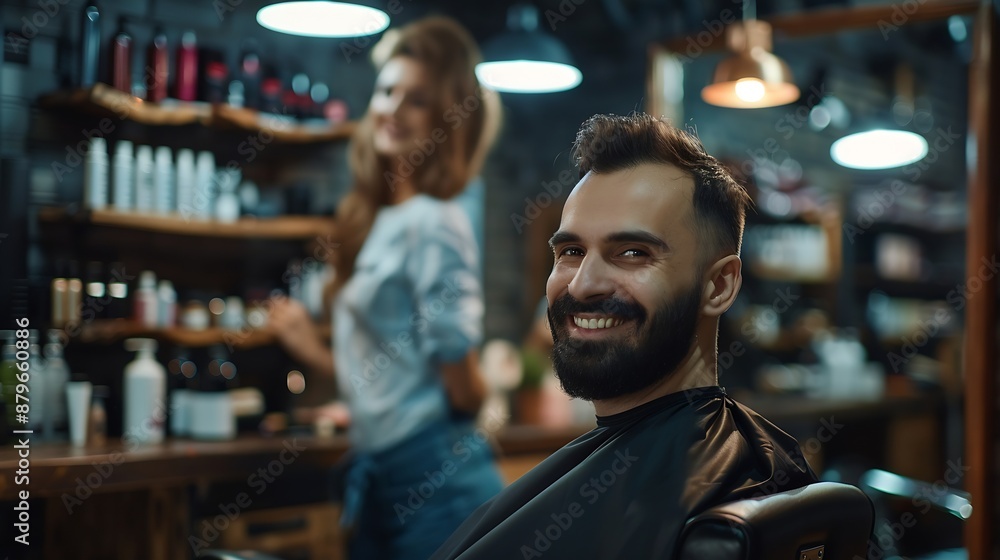 Smiling bearded Man portrait enjoying hairstyle hairdressing in Hair Salon by young hairdresser female Modern low light black style barber shop interior Haircare service small business : Generative AI Smiling bearded Man portrait enjoying hairstyle hairdressing in Hair Salon by young hairdresser female Modern low light black style barber shop interior Haircare service small business : Generative AI