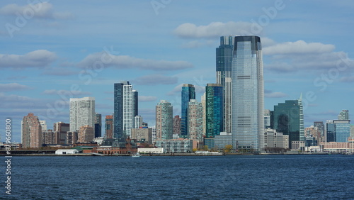 The New York manhattan view from the ferry boat in the sunny day