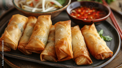 Vegetable spring rolls with dipping sauce photo