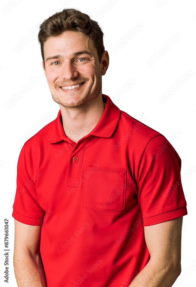 Smiling young Caucasian man in his 20s, wearing a red uniform, looking friendly and approachable. Smiling young Caucasian man in his 20s, wearing a red uniform, looking friendly and approachable.