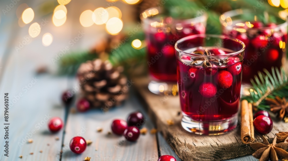Festive cranberry cocktails with spices and pinecone decor on a wooden table, set against a warm, blurred background with twinkling lights. Festive cranberry cocktails with spices and pinecone decor on a wooden table, set against a warm, blurred background with twinkling lights.