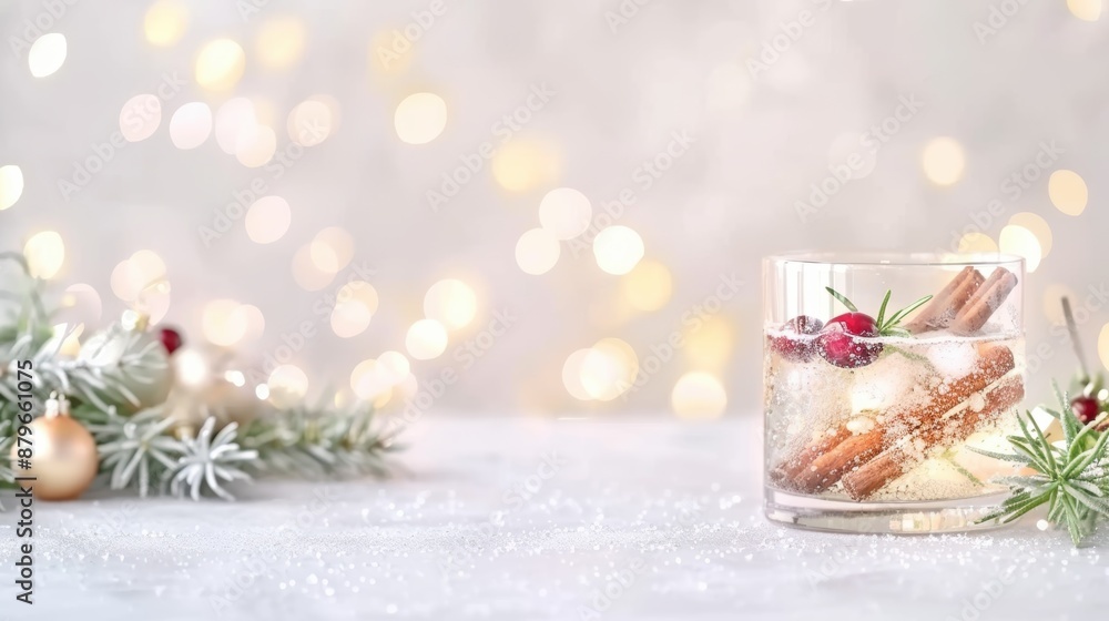 Festive winter cocktail with cranberries, cinnamon sticks, and rosemary in a glass. Bokeh lights create a warm, holiday atmosphere. Festive winter cocktail with cranberries, cinnamon sticks, and rosemary in a glass. Bokeh lights create a warm, holiday atmosphere.