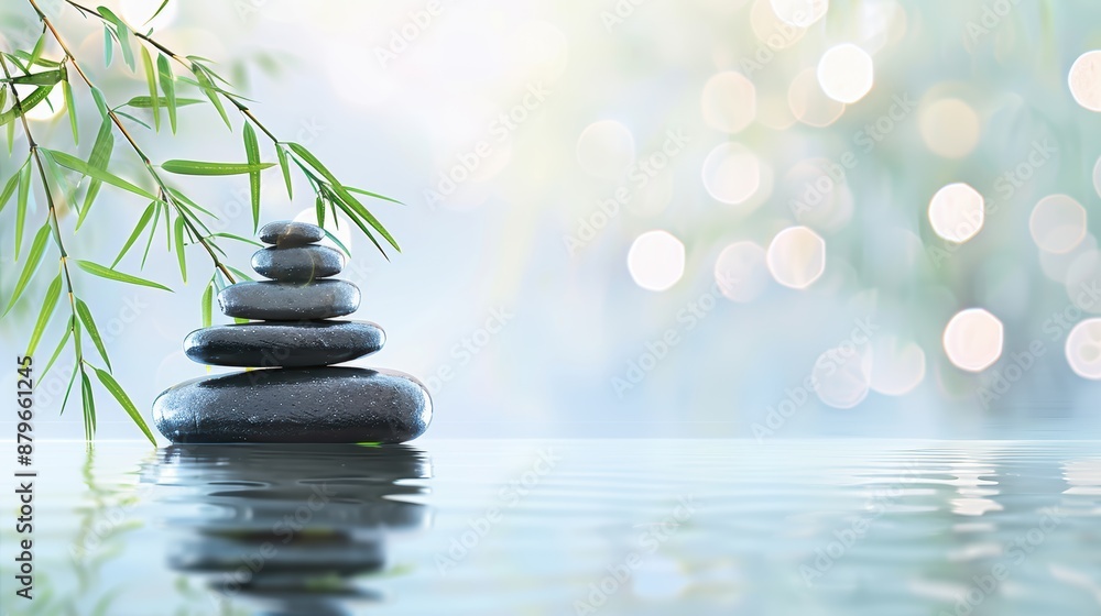 Stacked black stones in water with bamboo leaves and soft bokeh lights in the background. Zen and relaxation concept. Stacked black stones in water with bamboo leaves and soft bokeh lights in the background. Zen and relaxation concept.