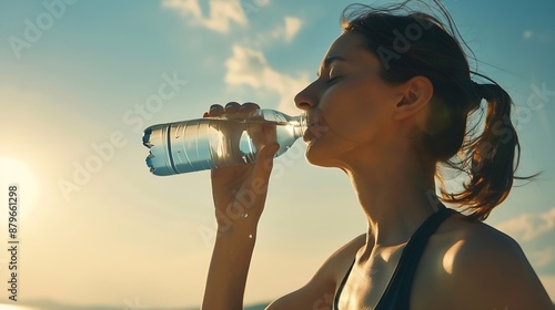 Maintaining hydration A woman drinks water during a workout replenishing her watersalt balance beautiful light a woman quenches her thirst on a sunny day : Generative AI photo