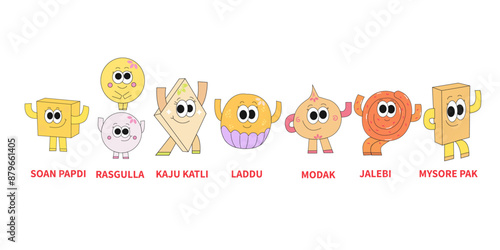 Sweets Of India, gifting sweets avatar cartoon style,vector isolated set,types of sweet set.  