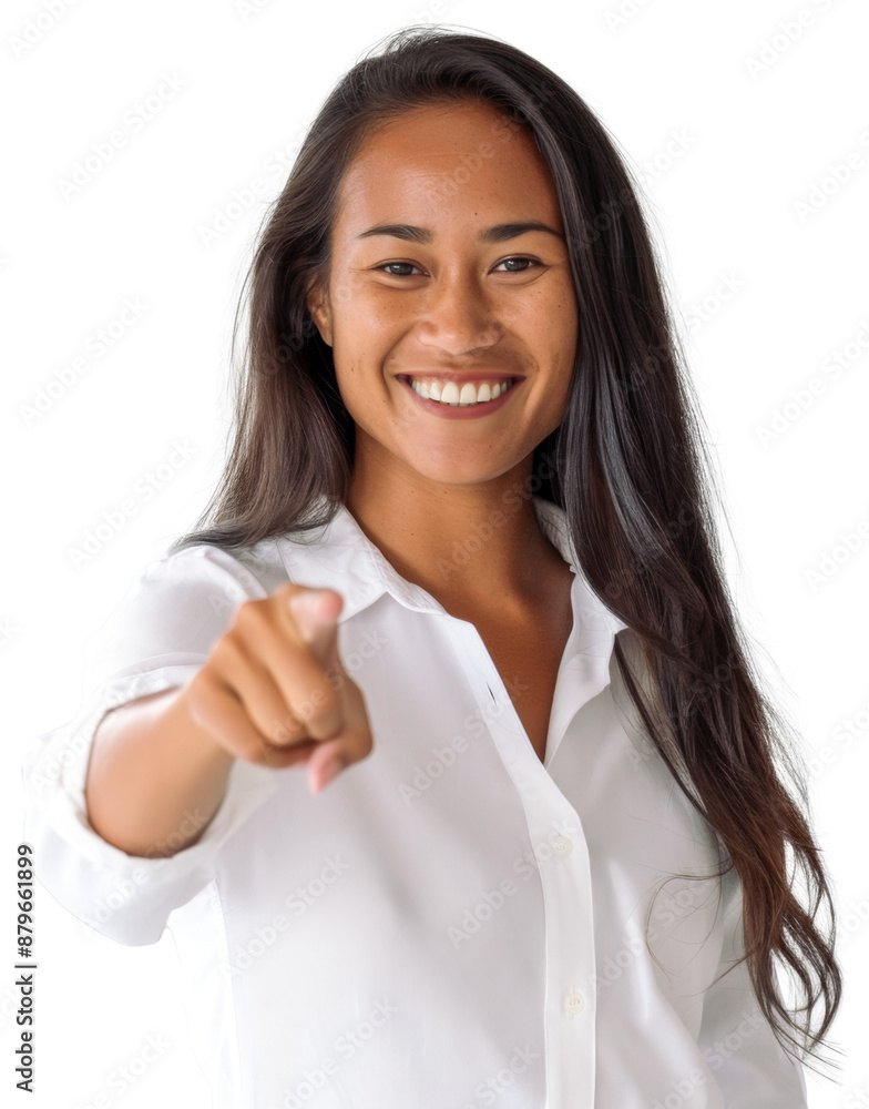 Young Polynesian business woman in her 30s, wearing a white shirt, smiling and pointing forward. Young Polynesian business woman in her 30s, wearing a white shirt, smiling and pointing forward.