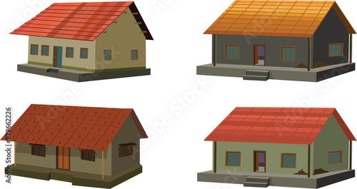 Indian style village house collection, hut collection for cartoon animation, tin shade house, cottage with thatched roof vector illustration, isolated on white background