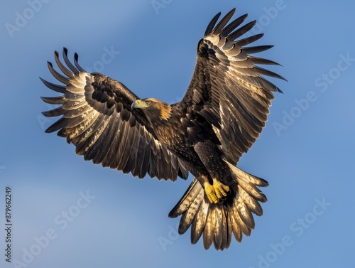 Full body shot of a golden eagle soaring in the sky, photographed from below with a wide-angle lens against a blue background in natural light.
