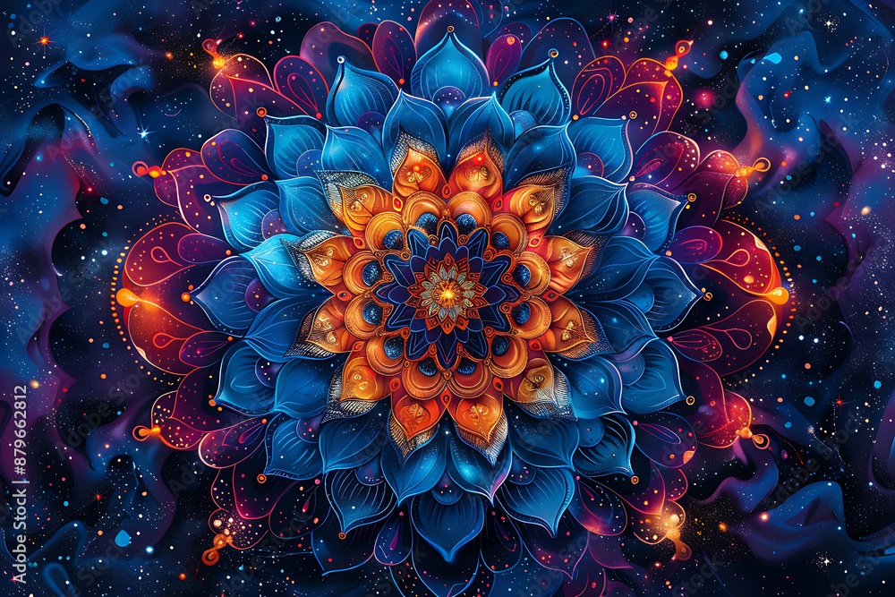 Hand-drawn cosmic motifs in the form of a mandala, using bright colors and intricate patterns to reflect the grandeur and mystery of the cosmos Hand-drawn cosmic motifs in the form of a mandala, using bright colors and intricate patterns to reflect the grandeur and mystery of the cosmos