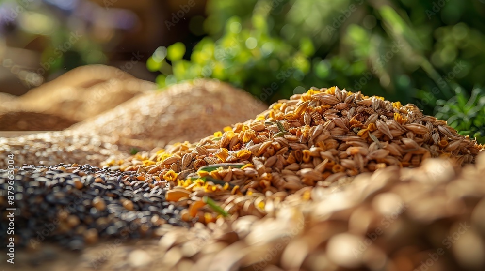 Close-up of distillers grains, clover, oats, and food waste-based protein feed, hyper realistic, sustainable livestock nutrition Close-up of distillers grains, clover, oats, and food waste-based protein feed, hyper realistic, sustainable livestock nutrition
