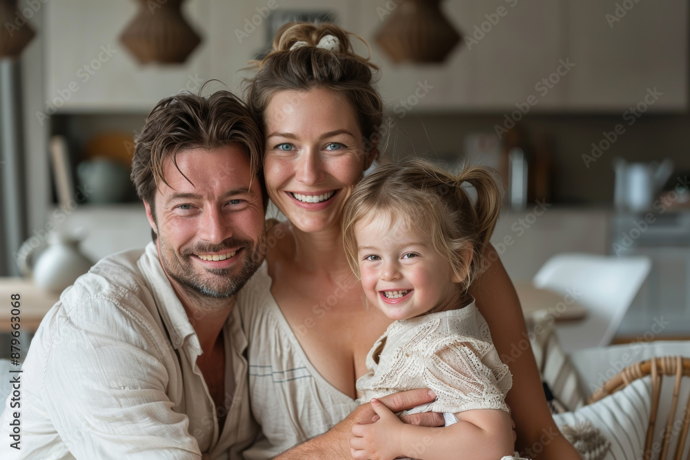 Obraz premium 82 Modern family in casual outfits having fun in a sleek minimalist home full body, studio lighting, a minimalist composition,