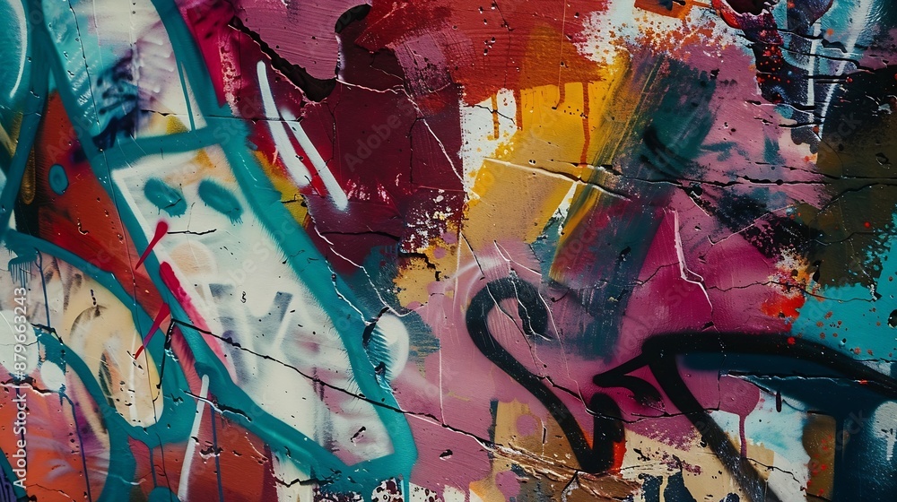Naklejka premium Colorful background of graffiti painting artwork with bright aerosol strips on metal wall Old school street art piece made with aerosol spray paint cans Contemporary youth culture back : Generative AI