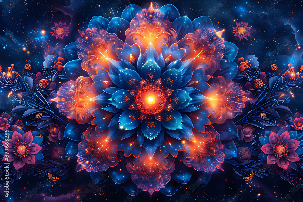Hand-drawn cosmic motifs in the form of a mandala, using bright colors and intricate patterns to reflect the grandeur and mystery of the cosmos Hand-drawn cosmic motifs in the form of a mandala, using bright colors and intricate patterns to reflect the grandeur and mystery of the cosmos