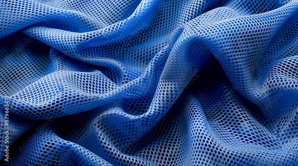 A detailed visual of blue mesh fabric texture combined with soft folds, portraying the complexity and tactile qualities of the material in a focused composition. A detailed visual of blue mesh fabric texture combined with soft folds, portraying the complexity and tactile qualities of the material in a focused composition.