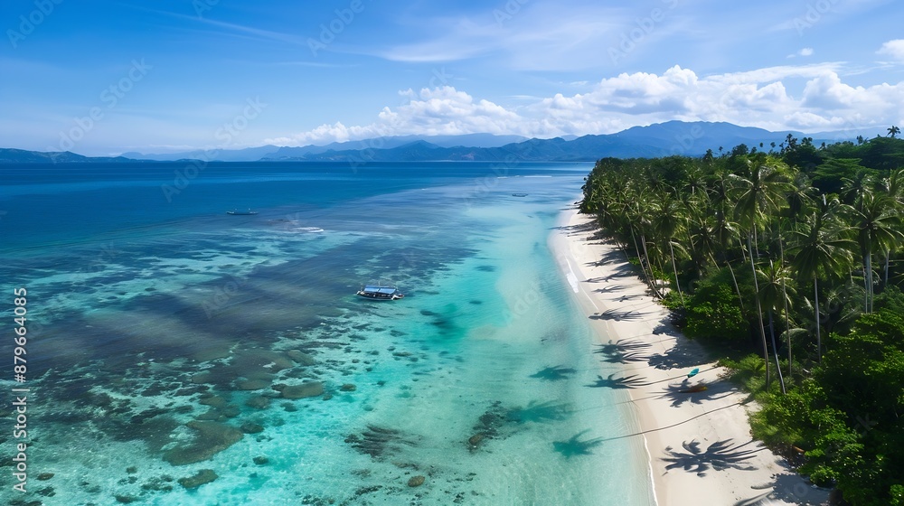 Fototapeta premium Aerial View of a Pristine Tropical Beach with Palm Trees and Turquoise Water south east asia philippines drone paradise landscape : Generative AI