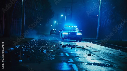 A police car with blue lights flashing in a dark street scattered with debris, capturing a tense moment of vigilance and urgency in a nighttime urban scene.