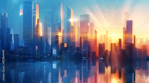 A beautiful cityscape with a blue and orange gradient sky. The city is full of skyscrapers and the sun is rising in the background. © Nurlan
