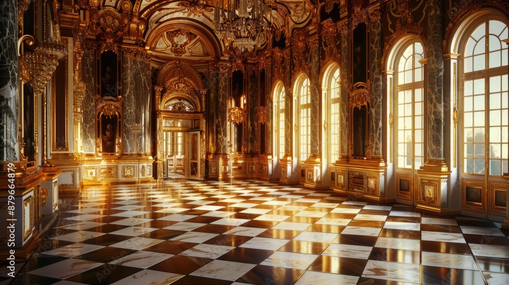 Fototapeta premium A room with a checkered floor and a chandelier, suitable for various uses such as interior design or photography sets