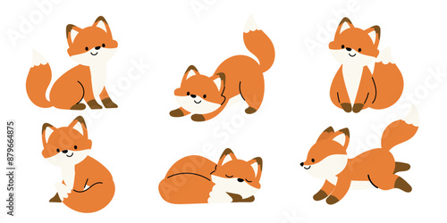 Cute Fox Autumn Season animal set vector. Collection of orange foxes, wolf, dog in different pose, sitting, sleeping, jumping, running. Adorable fox characters illustration for decoration, clipart.