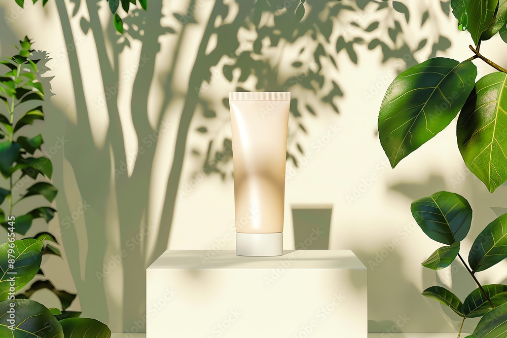 A minimalistic cream tube placed on a pedestal surrounded by green plants and shadows, creating a natural and serene atmosphere. A minimalistic cream tube placed on a pedestal surrounded by green plants and shadows, creating a natural and serene atmosphere.