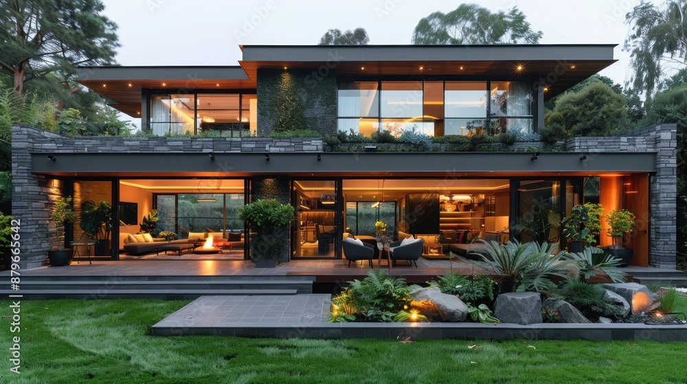 Modern House with a Stone Facade and a Lush Garden Modern House with a Stone Facade and a Lush Garden
