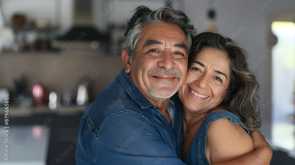 Happy romantic mature older Latin man and woman in their 50s smiling affectionate loving middle aged couple hugging looking at camera standing together in modern kitchen at home Vertic : Generative AI Happy romantic mature older Latin man and woman in their 50s smiling affectionate loving middle aged couple hugging looking at camera standing together in modern kitchen at home Vertic : Generative AI