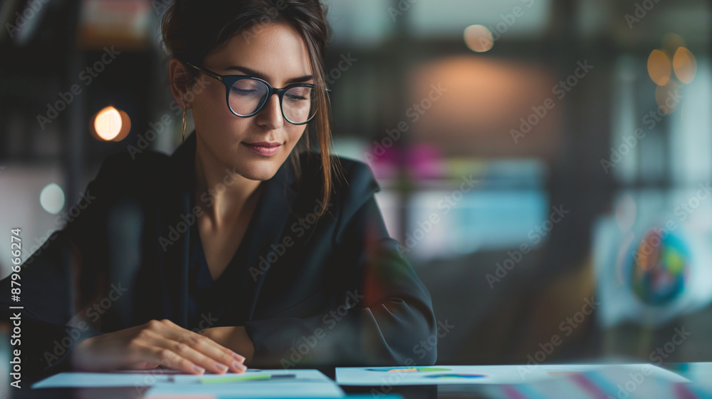 Fototapeta premium Businesswoman conducting a performance review, highly professional photo picture capturing dynamic interaction and sharp focus, businesswoman, with copy space