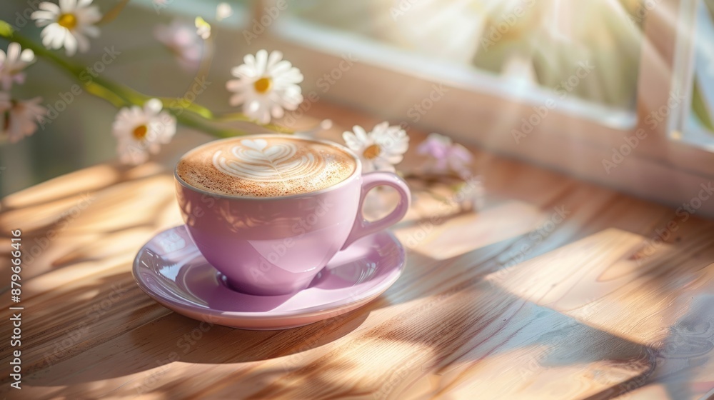 A purple cup of cappuccino with flowers on a table A purple cup of cappuccino with flowers on a table
