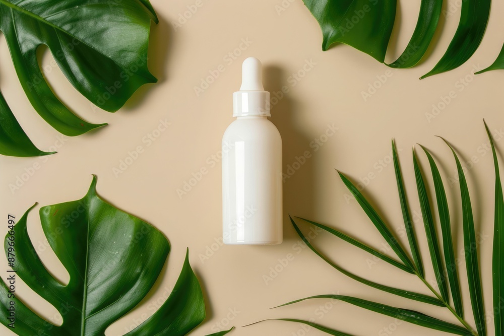 One white bottle with serum for caring face, hair, hands and body. Beige background with green tropical leaf. Natural organic eco cosmetics concept. One white bottle with serum for caring face, hair, hands and body. Beige background with green tropical leaf. Natural organic eco cosmetics concept.