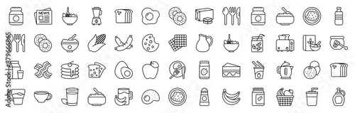 Breakfast icon set Containing Nutella, Newspaper, Salad, Juicer, Bread, Omelette, Bagel, Butter, Cutlery, Scrambled Eggs, Water Bottle, Porridge, Corn, Sausages icons illustration.	
