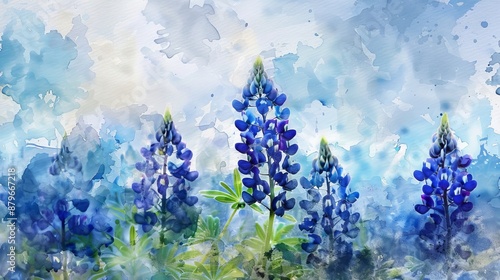 This image features vibrant bluebonnet flowers standing tall amidst a dreamy blue sky backdrop, rendered in a watercolor art style, conveying serenity and tranquility.