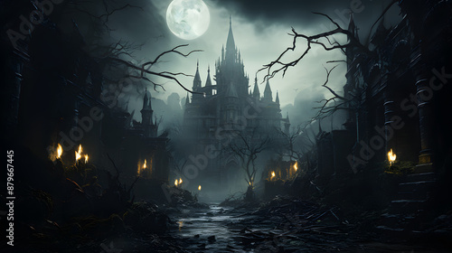 A dark and stormy night, the full moon hangs heavy in the sky, illuminating a castle ruin. The path is overgrown, lit by torches, and a sense of dread pervades.