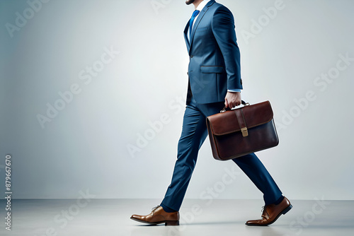 A man in a suit is walking with a briefcase in his hand