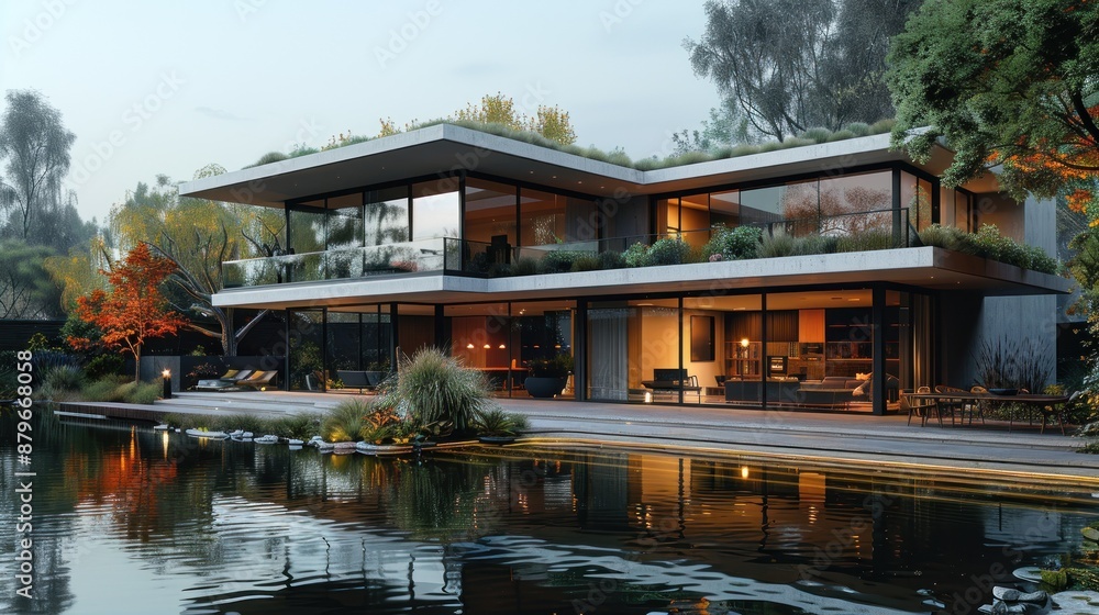 Obraz premium Modern House with a Pond and a Green Roof