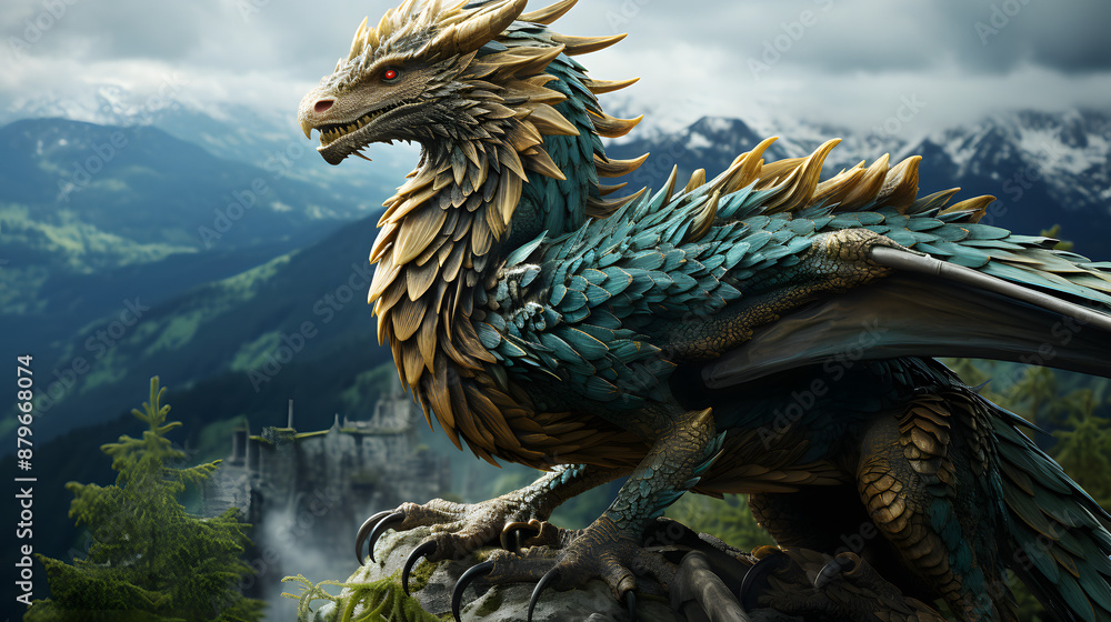 A majestic, turquoise and gold dragon perches atop a rocky peak, its wings slightly spread, overlooking a distant castle nestled amidst a lush valley. A majestic, turquoise and gold dragon perches atop a rocky peak, its wings slightly spread, overlooking a distant castle nestled amidst a lush valley.