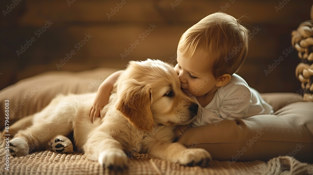 Toddler playing with a golden retriever puppy nearly laying on top of it : Generative AI Toddler playing with a golden retriever puppy nearly laying on top of it : Generative AI