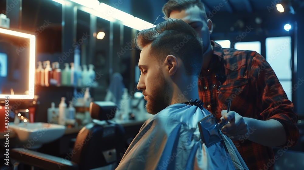 Obraz premium Young man cutting hair at barbershop barber at work dryer : Generative AI