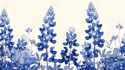 This image features a row of stylized bluebonnet flowers depicted in a minimalist art style, set against a clean, white background that emphasizes their vibrant blue color.
