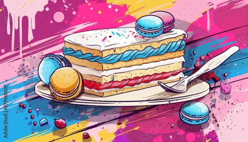 Layered milk cake with macarons, pop art style, bright colors, bold lines, playful composition photo