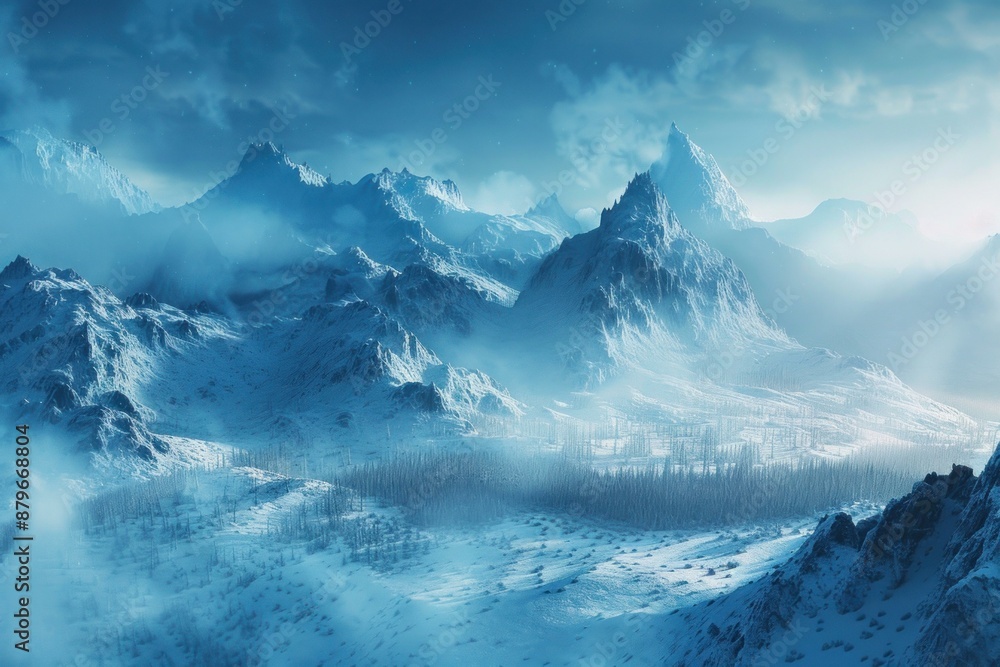 Sunlight illuminating a frozen mountain range with snow covered peaks Sunlight illuminating a frozen mountain range with snow covered peaks