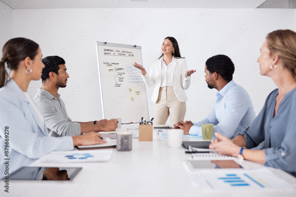 Meeting, presentation and training with business people in boardroom of office for strategy together. Coaching, development or workshop and employee woman teaching staff with information in workplace Meeting, presentation and training with business people in boardroom of office for strategy together. Coaching, development or workshop and employee woman teaching staff with information in workplace