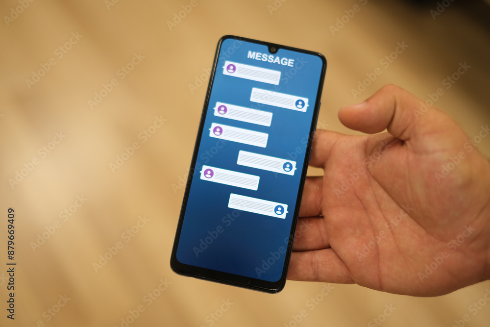 A close-up image of a hand holding a smartphone displaying a messaging app screen with blank conversation bubbles. Perfect for illustrating communication or technology themes. A close-up image of a hand holding a smartphone displaying a messaging app screen with blank conversation bubbles. Perfect for illustrating communication or technology themes.
